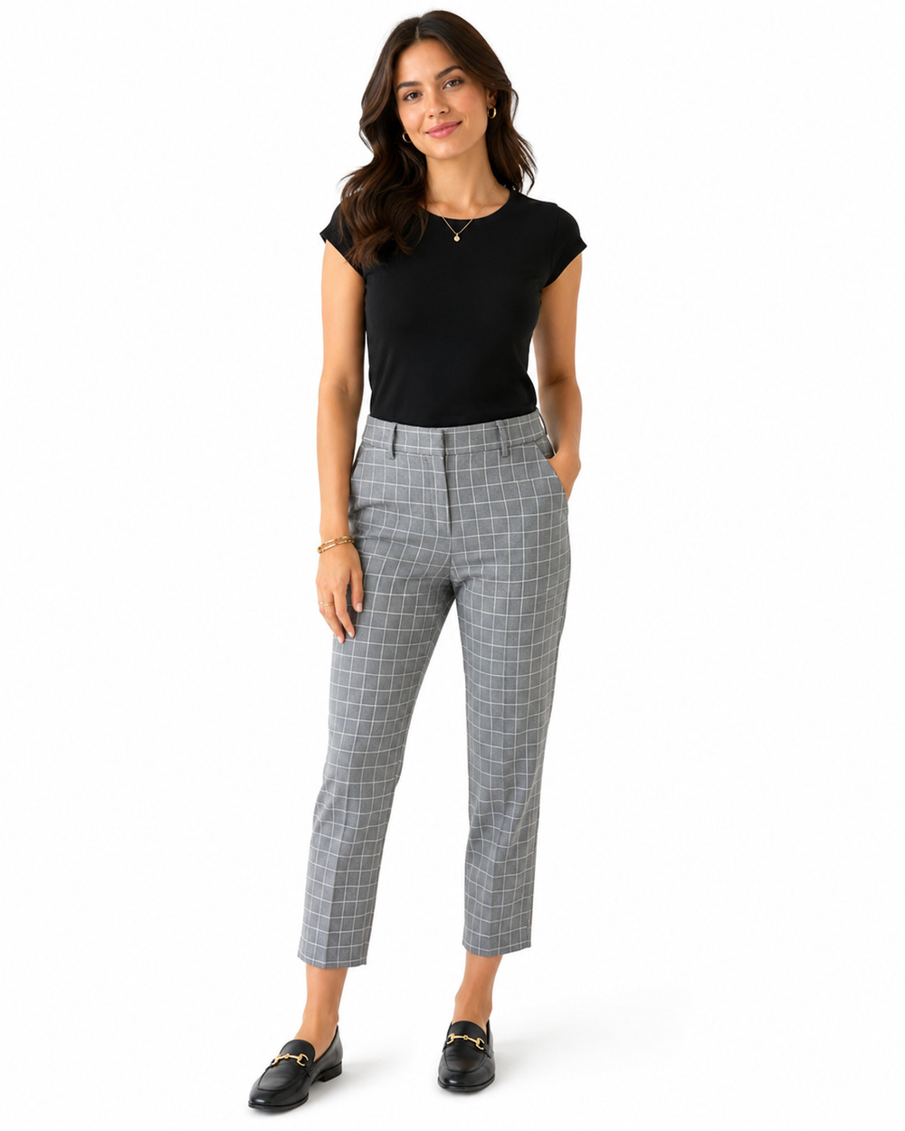 Ann Taylor Loft The Riviera Slim Gray Plaid Cropped Flat Front Pants Stretch 8 P